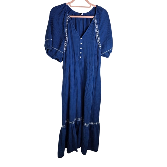 Old Navy Blue Crinkle Crepe Embroidered Peasant Boho Long Maxi Dress Plus Xxl - Picture 3 of 9